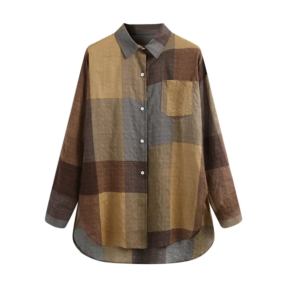 

2021 Fashion Ladies Shirt Plaid Turn Down Collar Women Long Sleeve Buttons Blouse Top for Spring