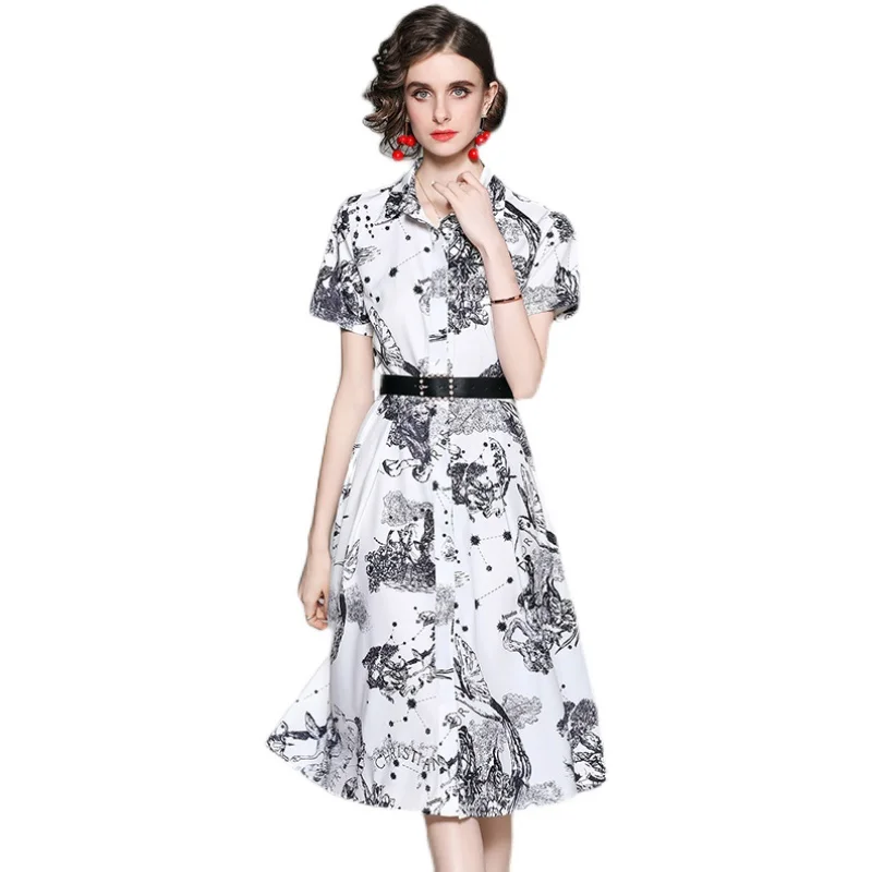 

Dresses for Women Clothes Summer2021Office Lady A-LINE Elegat O-Neck Regular Print Empire SHORT Pullover Plus Size Fashion Dress