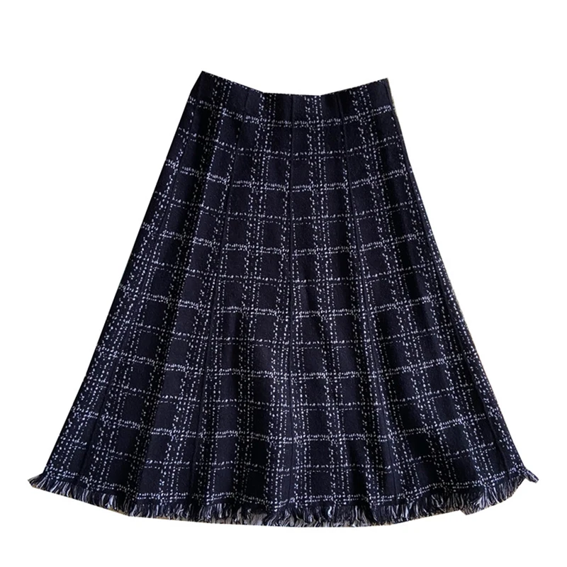 

Plaid Knitted Skirt Women's 2020 New Style for Autumn and Winter Midi A- Line Dress Tassled Wool Dress Graceful