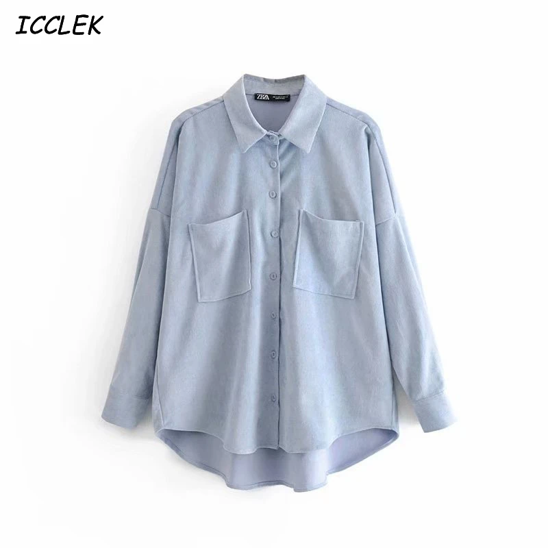 

Icclek Women's Shirts Oversize Shirts Corduroy Blusas Mujer De Moda Female Blouses Loose Blue Pink Jacket trf Boyfriend Style