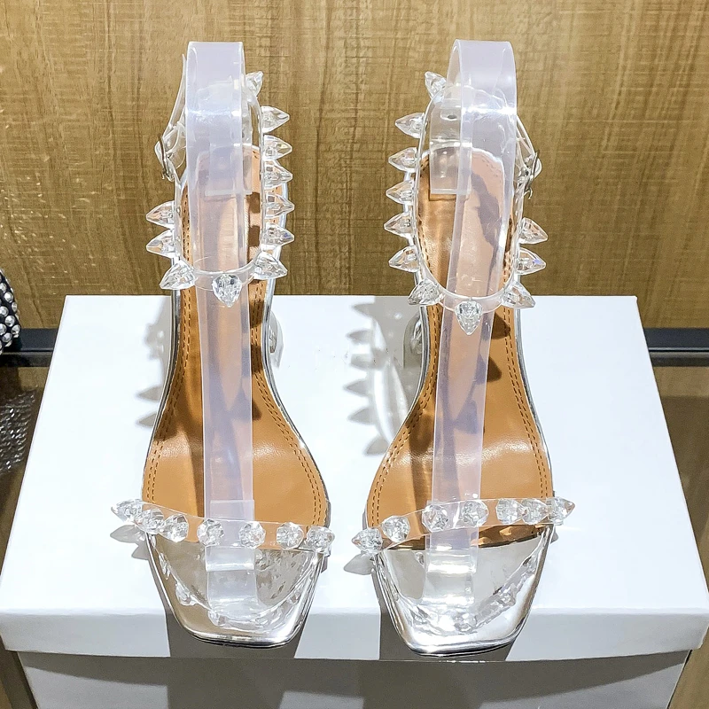 Сандалии из зеркального материала туфли-лодочки на каблуке с кристаллами