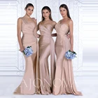 Атласные вечерние платья цвета шампанского для подружек невесты, платья с одним открытым плечом для гостей свадьбы, Элегантное свадебное платье 2022