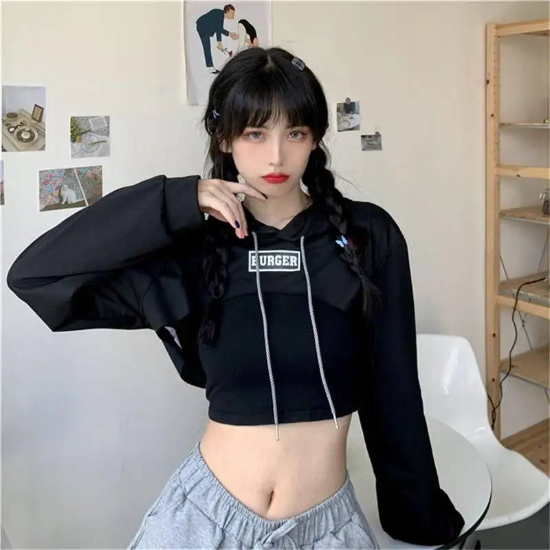 Women's Letter Tops Spliced Navel Hoodie Sweatshirt Long Sleeve Hoodie Thin Section Short Hooded Top 2021 Sudaderas Con Capucha