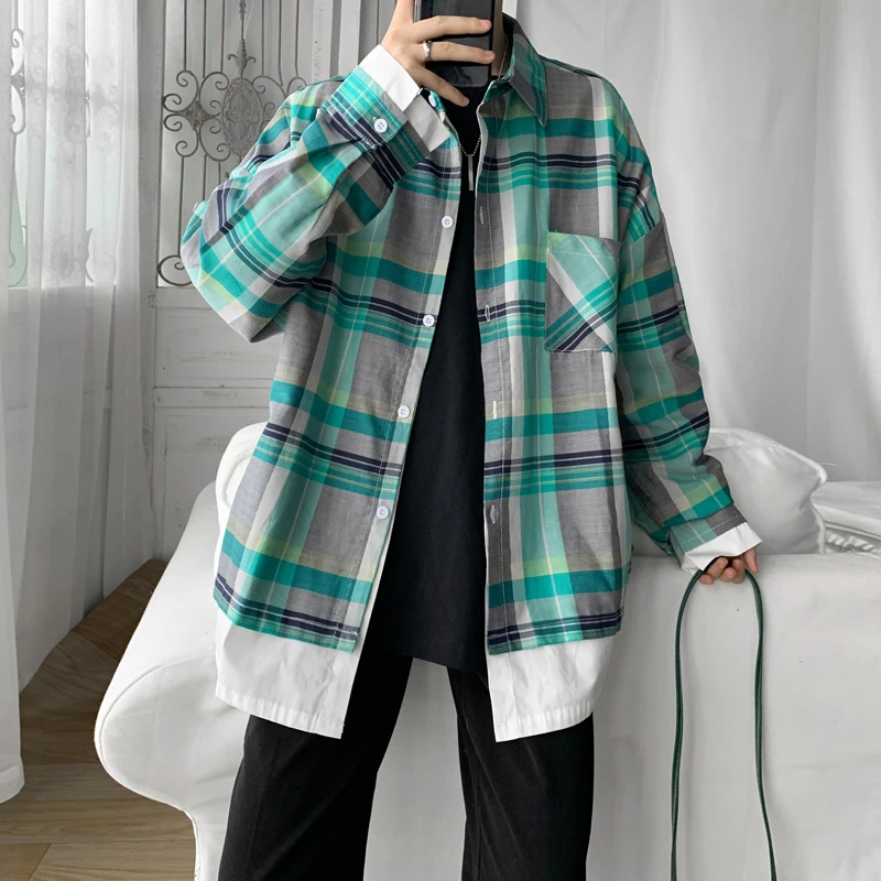 Мужская свободная рубашка с принтом в клетку Повседневная длинными рукавами 4 цвета большие размеры S XL