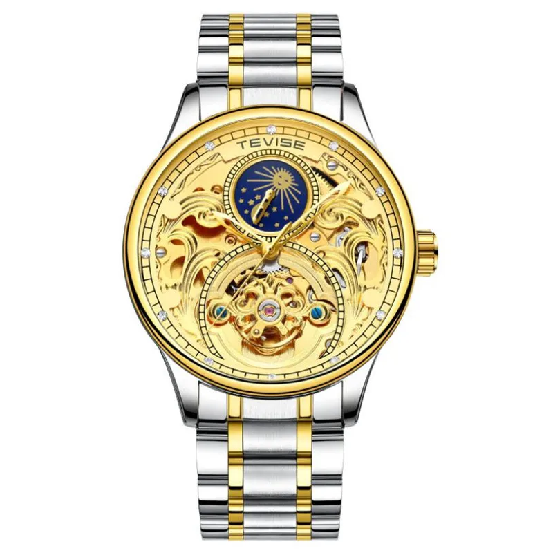 TEVISE часы Moon phase полые tourbillon автоматические механические наручные часы из нержавеющей стали мужские часы браслет часы - Цвет: Color 01