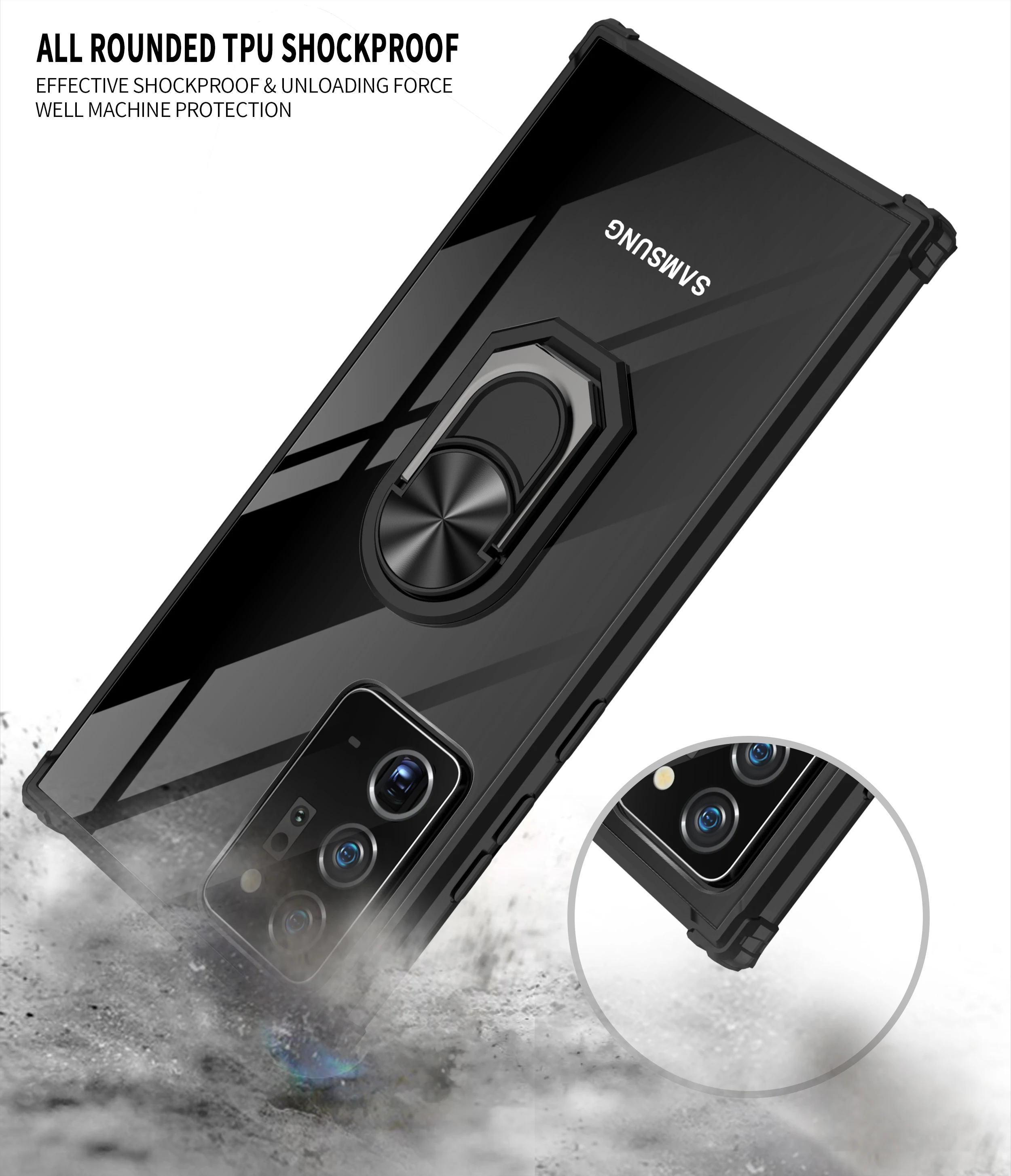 Military Acrylic Rugged Armor Shockproof Case For Samsung Galaxy Note 20 Ultra Magnetic Metal Ring Stand Transparent Back Cover