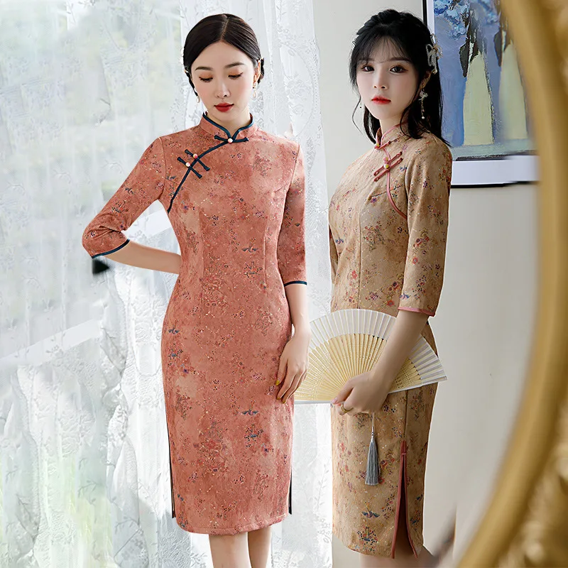 

Традиционное женское замшевое винтажное платье Ципао из семи точек с рукавами в восточном стиле длиной до колен китайское официальное плат...