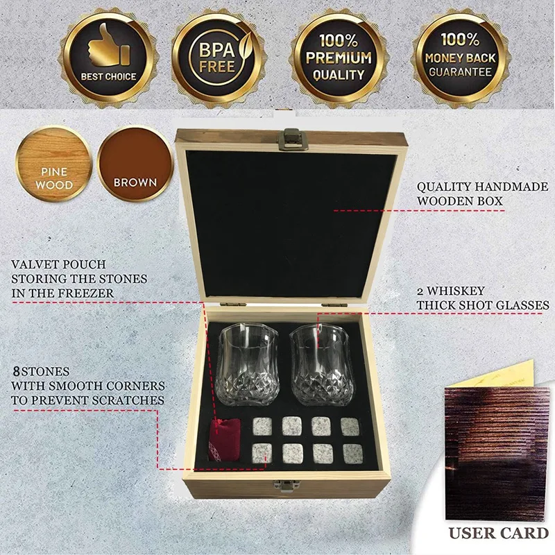 

Bourbon Rocks Whisky Chilling Stones Gift Set - Reusable Stones for Whiskey - Shot Glasses Gift in Wooden Box for Guys