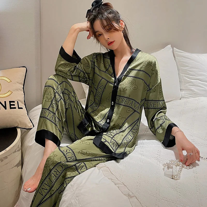 

Пижамный комплект женский с V-образным вырезом, роскошная одежда для сна с надписью, шелковая Домашняя одежда, ночное белье большого размера...