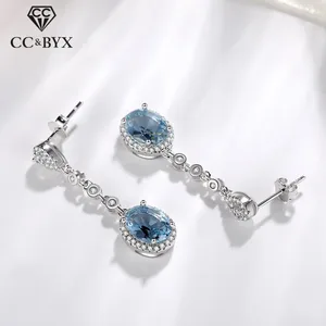 Женские серьги-подвески из серебра 925 пробы, Винтажные Ювелирные изделия с овальным синим кубическим цирконием, длинные серьги, темпераментные ювелирные изделия CCE648