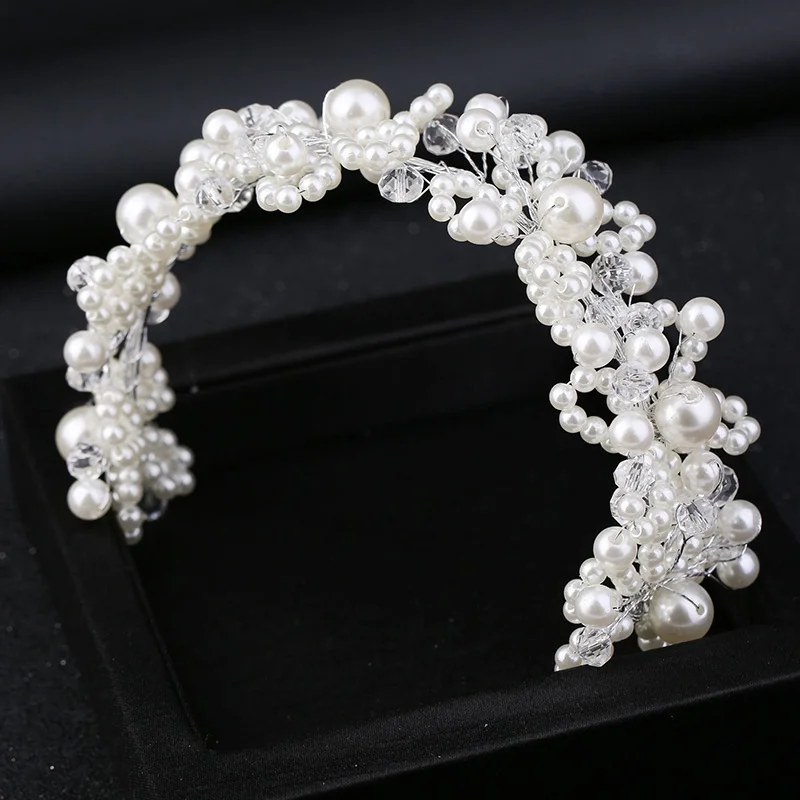 

Trendy White Pearl Crystal Bride Hair Accessories Wedding Crown Headband Hair Band Bride Wedding Headdress Accessories Handmade