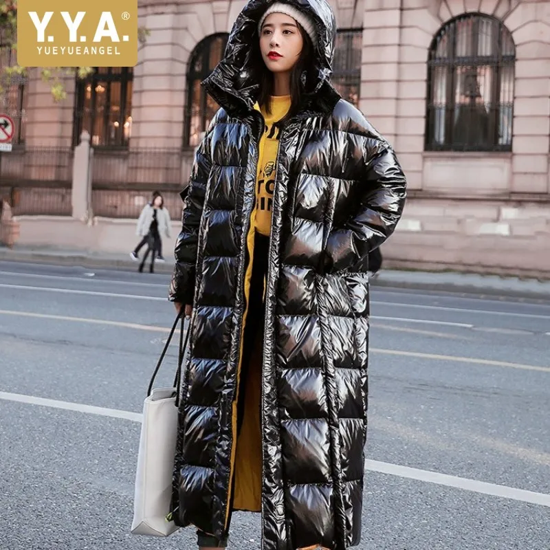 Зимняя модная женская пуховая хлопковая куртка глянцевая теплая парка длинное