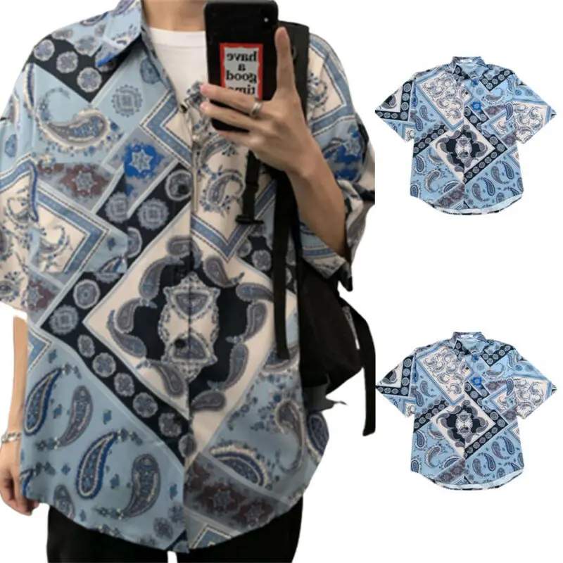 

Mens Short Sleeve Loose Casual Shirts Vintage Print Holiday Tops T Shirt Blouse