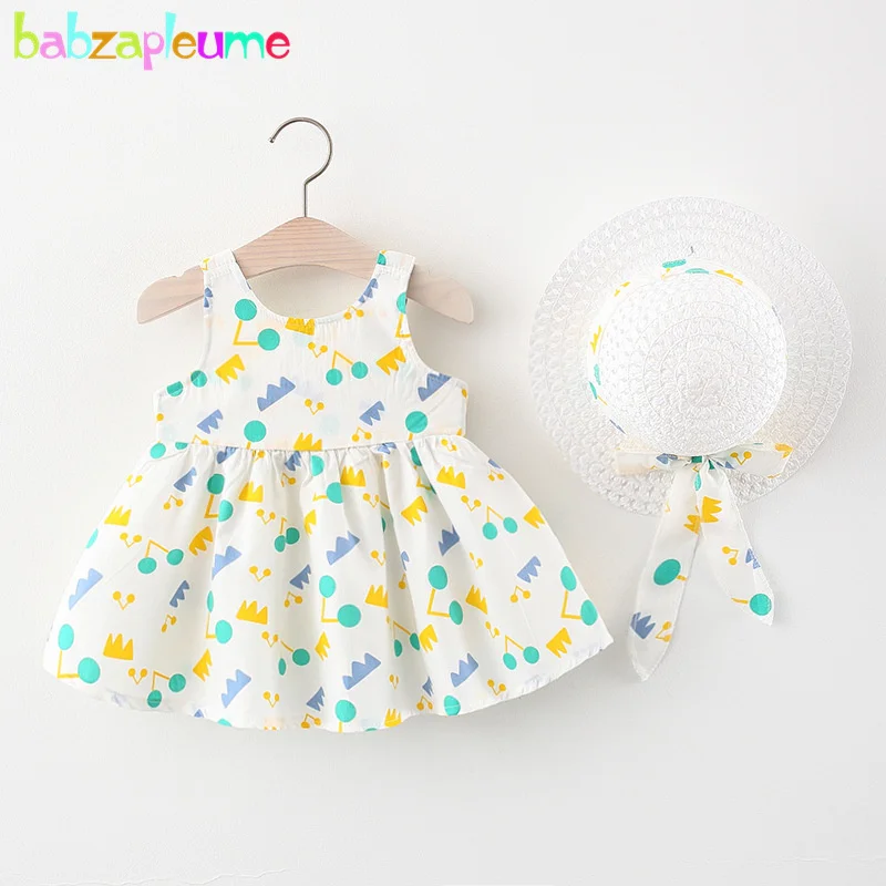 

2Piece Summer Toddler Girl Dresses Korean Fashion Sleeveless Flowers Cute Baby Beach Dress+Sunhat Newborn Clothes Set 2115-1