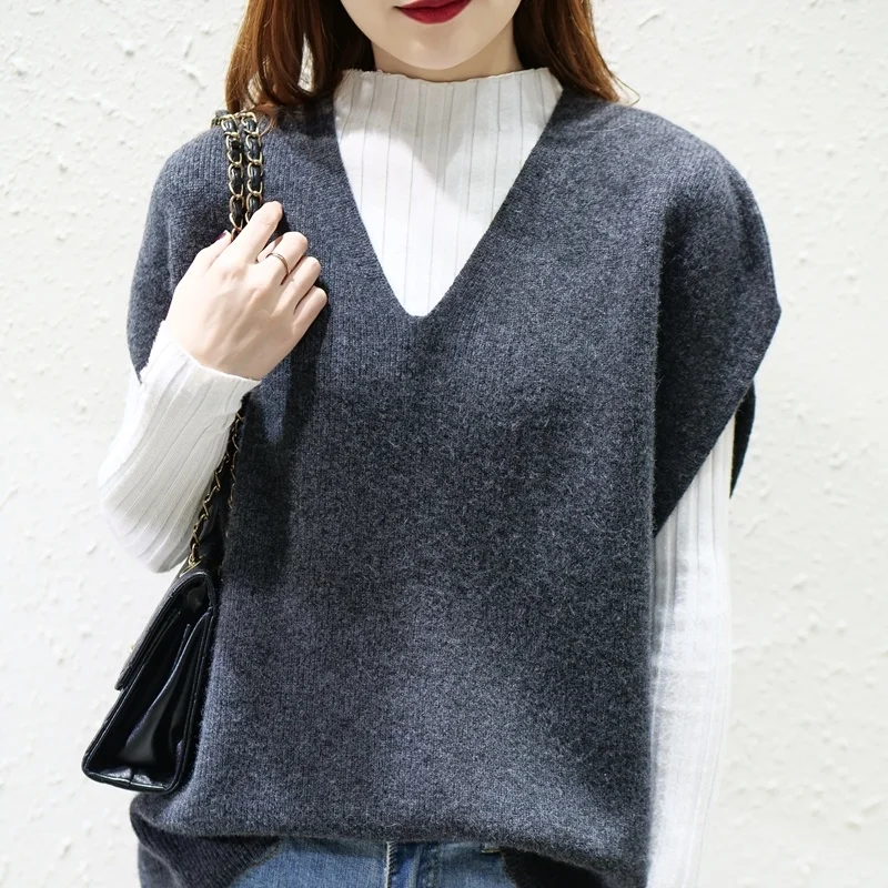

Женский кашемировый жилет, Свободный Повседневный трикотажный пуловер с V-образным вырезом, из 100% чистой шерсти, осень/зима