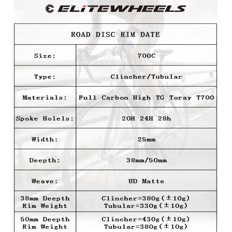 ELITEWHEELS супер светильник дорожный диск углеродный обод велосипеда 700c 38/50 мм