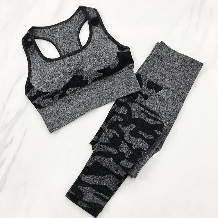 

Camo Yoga Set Gym Sport Workwear Running Crop Fitness Top Sport Bra Training Solid Color Gymwear Squat Proof Leggings Set Suit