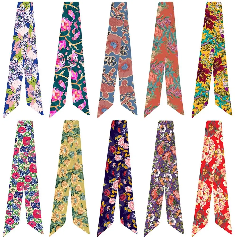 

Винтажный разнообразный шелковый шарф с разноцветным цветочным принтом для сумок и ручек, маленький шарф в стиле ретро, женский шарф для го...
