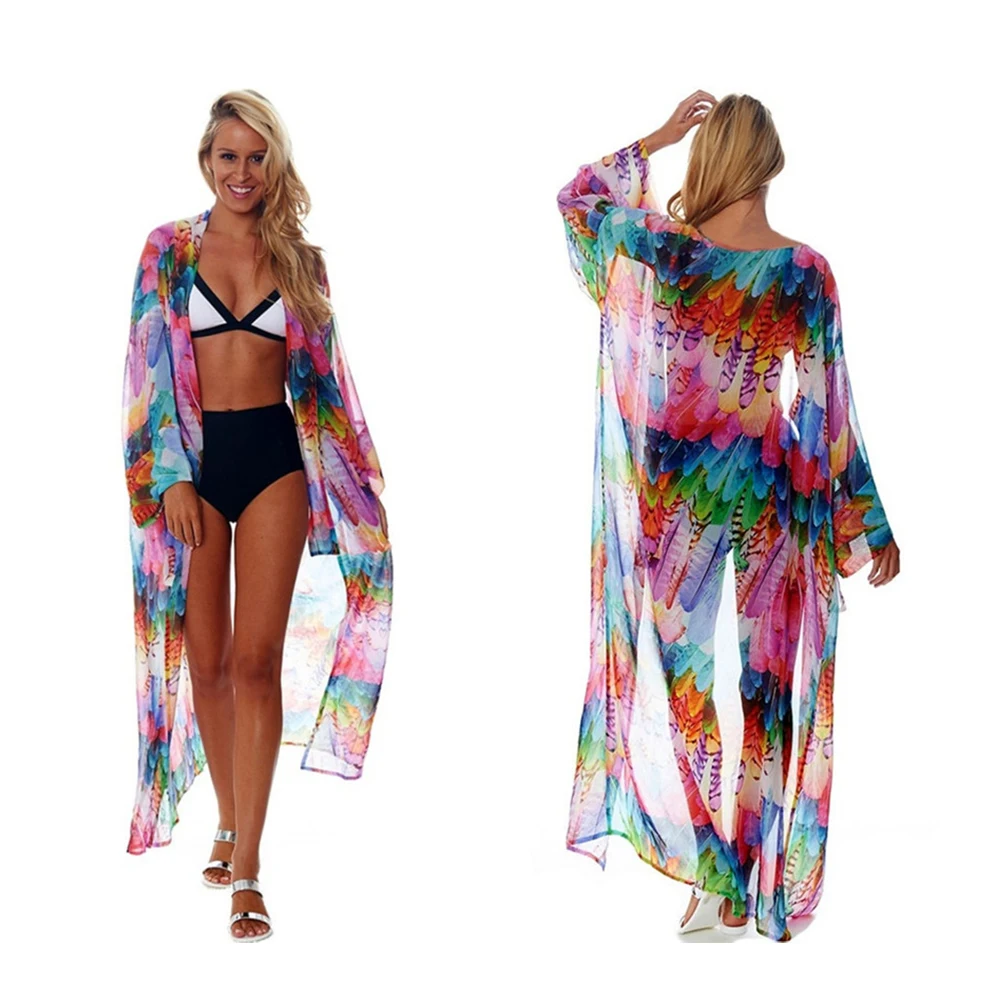 

Colourful Feather Beach Cover Up Bohemian New Chiffon Beach Dress Sarong Robe De Plage Kaftan Pus Size Women Summer Beachwear