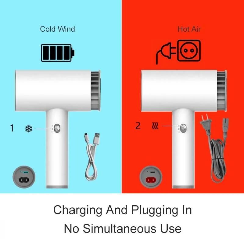 Портативный беспроводной USB Перезаряжаемый фен для волос умный двухрежимный