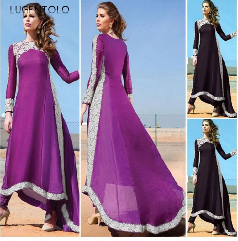 

Lugentolo Elegant Women Long Dress Fashion Muslim Autumn Winter Lace Stitching Irregular O-neck Slim Long Sleeve Lady Dress