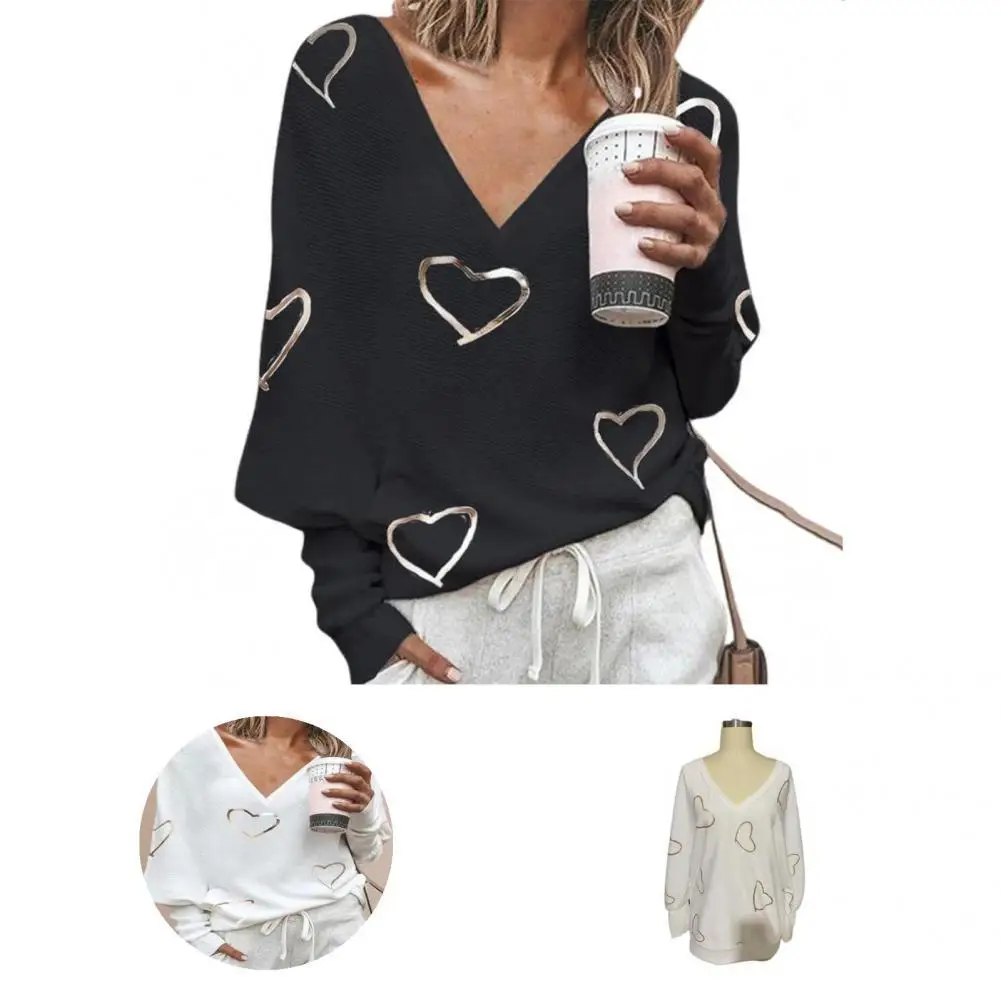 

Осенняя блузка, эластичный пуловер, топ с принтом в виде сердца, свободная футболка, Топ