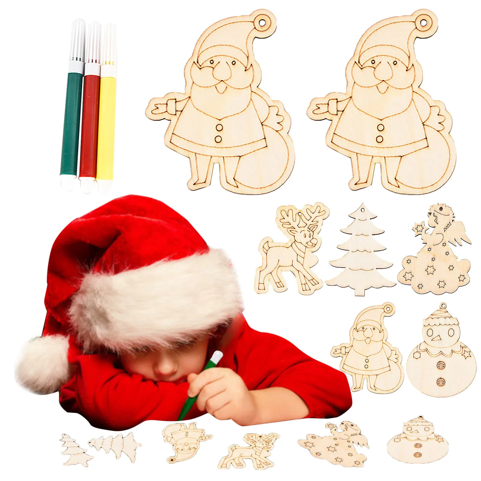 

Christmas DIY Painted Set Wood Chip Pendant Christmas Tree Decoration Tag 2ML Cartoon Snowman Elk Decoration *02