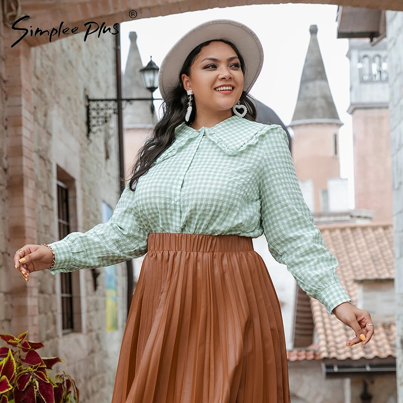 

Simplee Plus Autumn Doll Collar Women Plus Size Blouse Elegant Plaid Ladies 4XL Blouse Shirt Long Sleeve Female Oversize Blouse