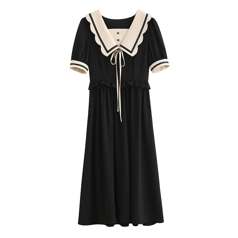 

Japanese Preppy Style Summer Women Cute Dresses for Women Kawaii Girl's Lolita Wave Side Collar Elegant Sweet Lace Up One Piece