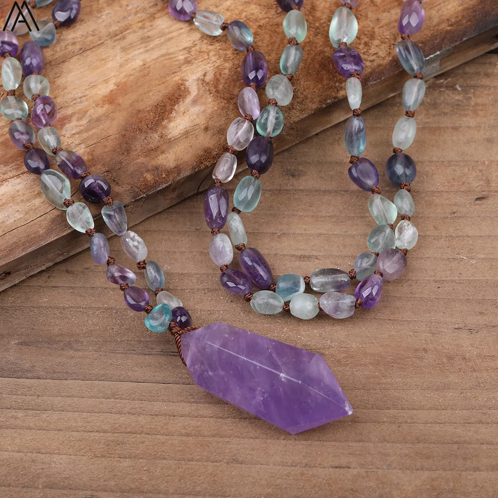 

Natural Rainbow Fluorite Stone Beads Mala Necklace Double Point Amethysts Quartz Knot Handmade Necklace Healing Jewelry
