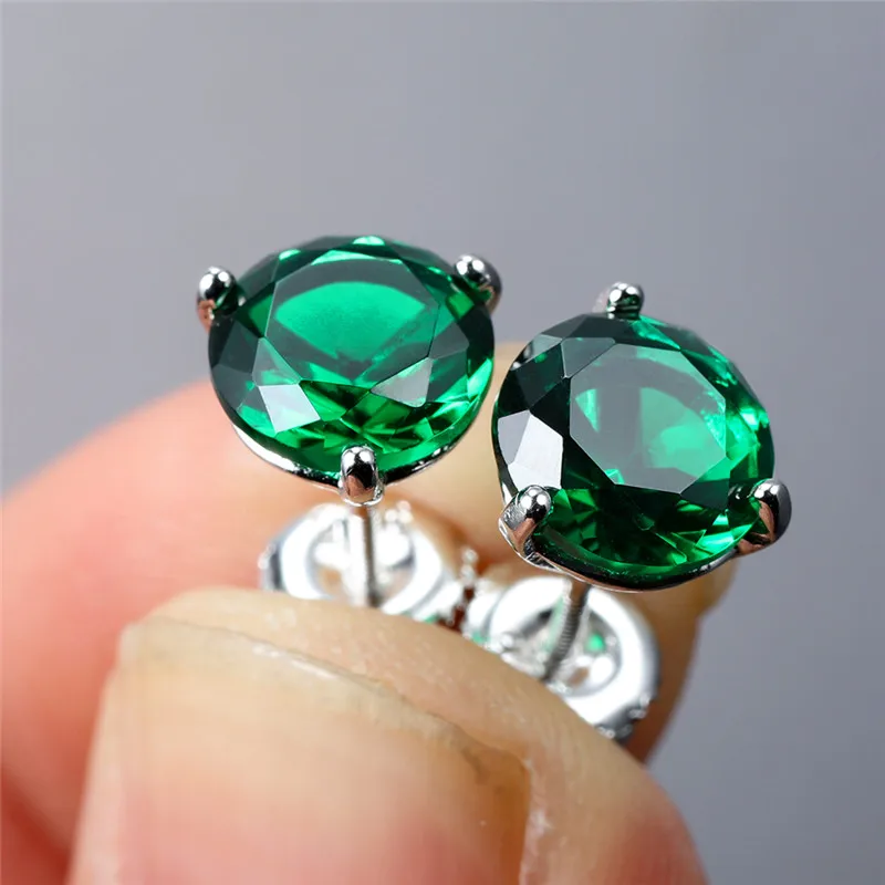 

Classic Round Emerald Screw Back Earrings 925 Sterling Silver Green Crystal Zircon Stud Earrings For Women Jewelry Wedding Gifts