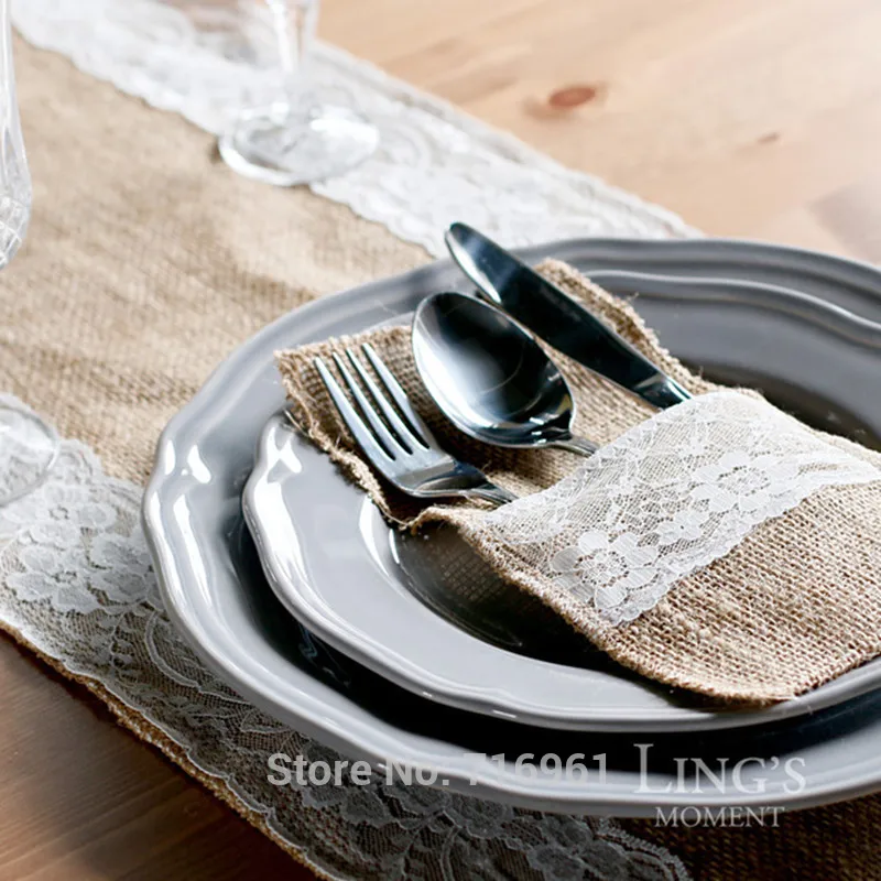 Набор из 10 предметов джутовая кружевная вилка с мешковиной и карманами серебра