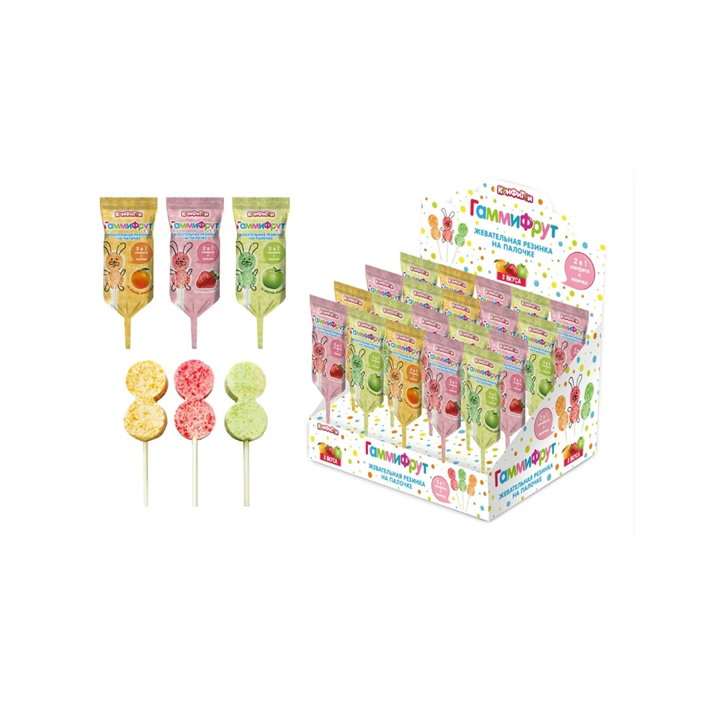 Гамми фрут bubblegum on stick 3 taste in display Unit 30 PCs (9g x 30x20) candy sweet favors sweets | Продукты