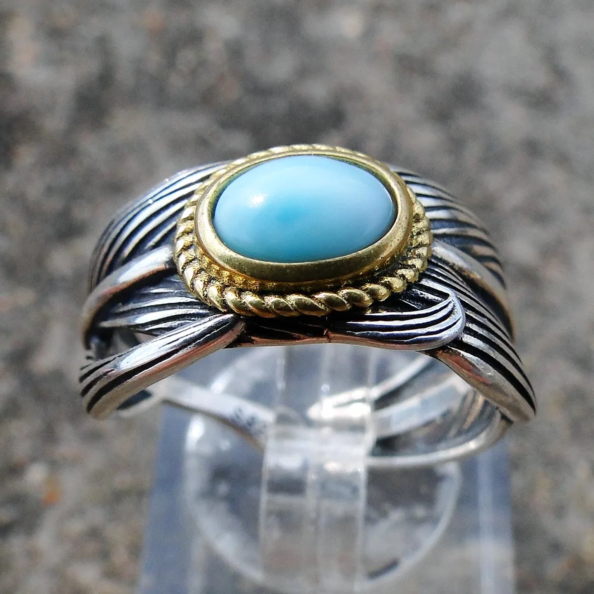 

Antique Two Tone Plated 925 Silver Engagement Ring Natural Dominica Larimar Leaf Ring For Women