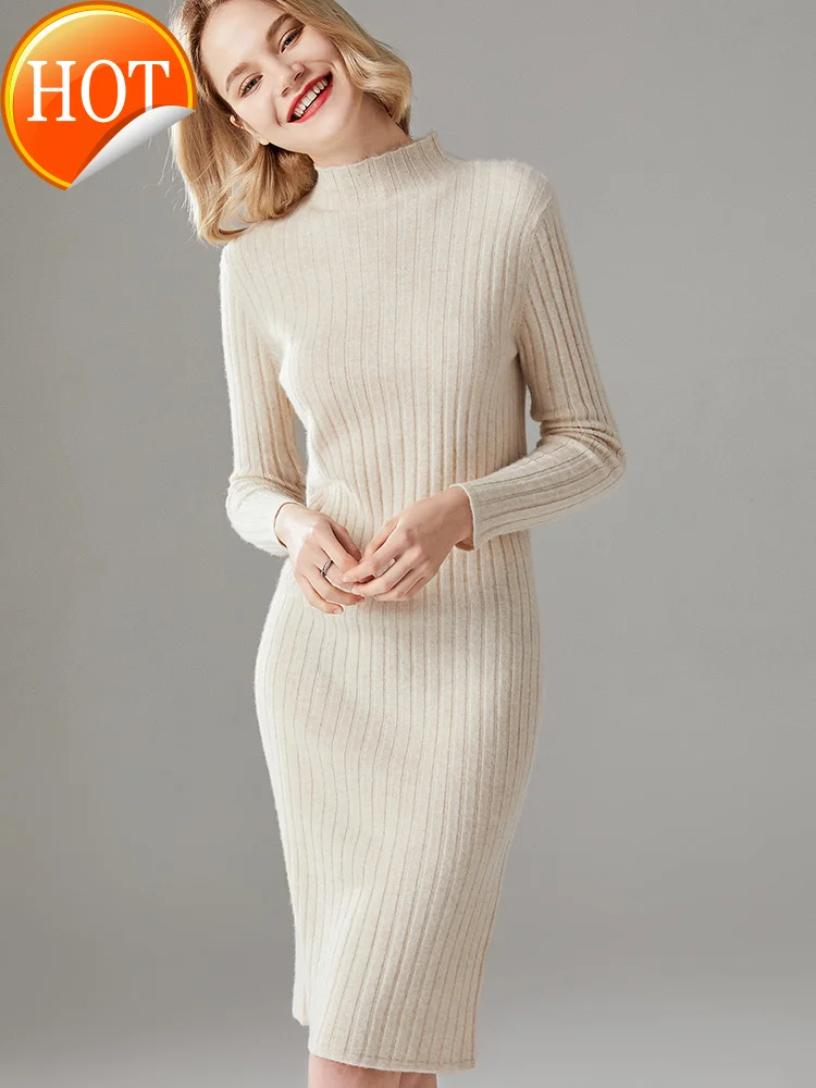 

Женский кашемировый свитер средней длины, трикотажное платье выше колена из чистого кашемира, новинка 2020