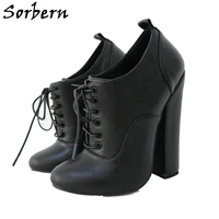 sorbern genuine leather boots women block high heels black matt lace up round toe 15cm chunky heeled unisex guy shoes big size