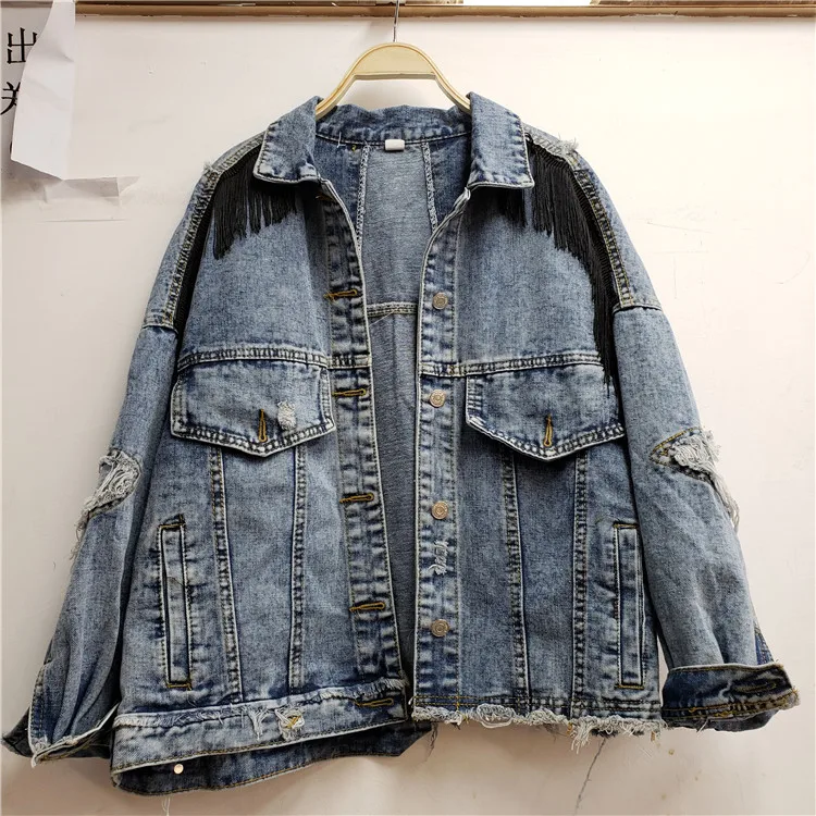 Осенняя Женская ковбойская куртка с бусинами и котом Корейская свободная