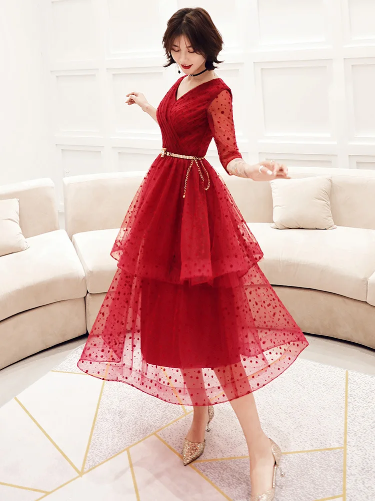 

XS-3XL Women Elegant Polka Dot Banquet Dress Burgundy Sweet Mesh V-Neck Ball Gown Exquisite Temperament Formal Party Dresses