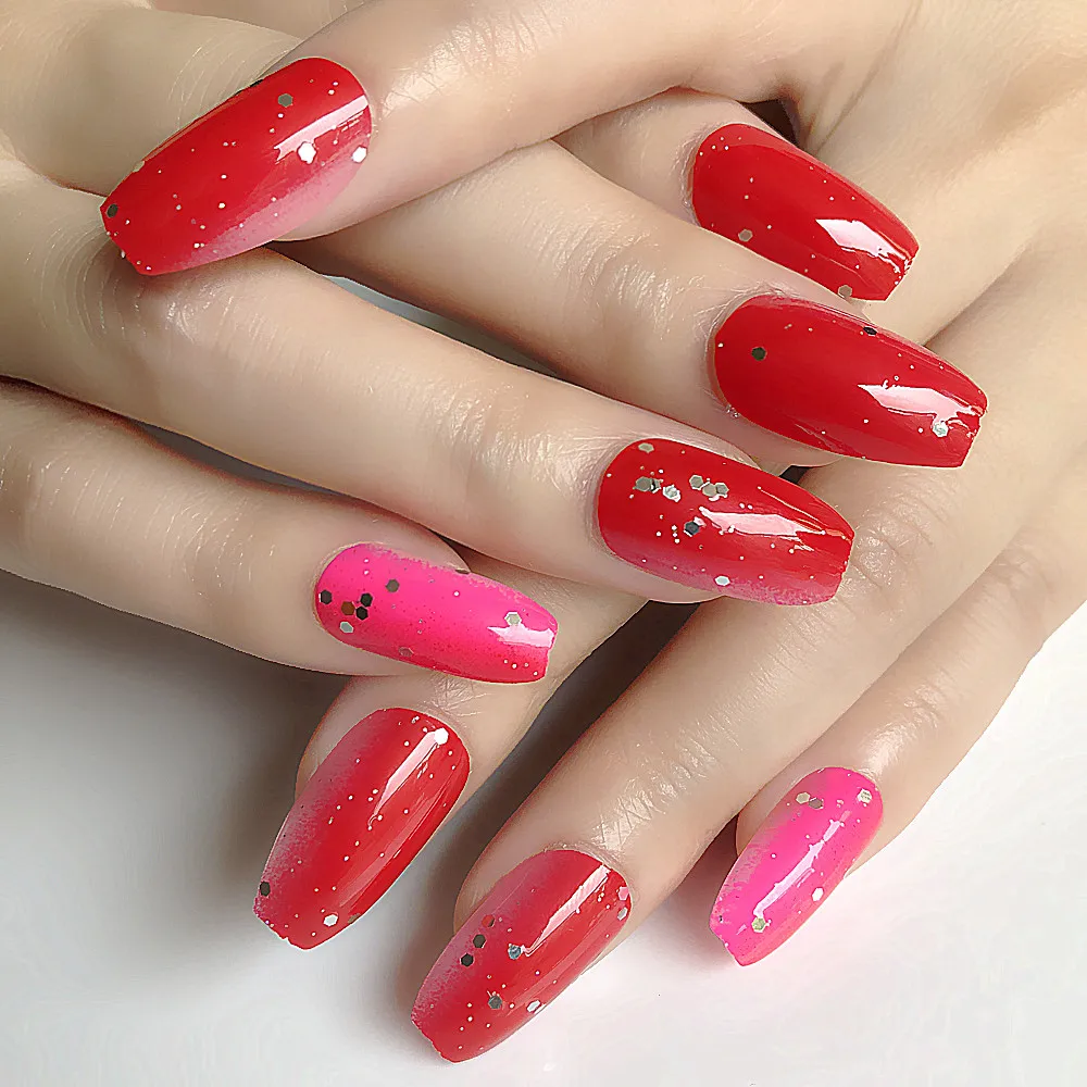 2019 Новый гроб блестки постепенные цвета поддельные ногти плоская голова красные