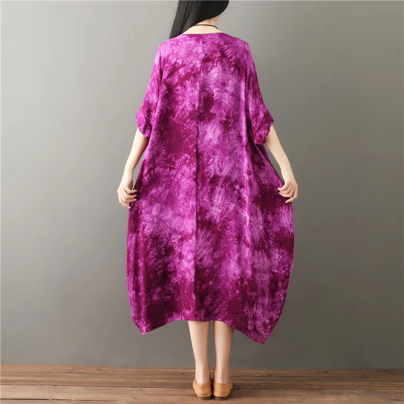 

DIMANAF 2021 Plus Size Summer Linen Dress Women Sundress Beach Floral Vestidos Tie-Dye Casual Loose Oversize 5XL 6XL Holiday