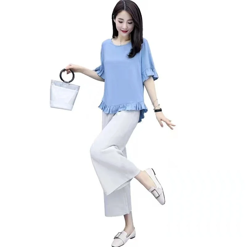 

Female 2021 Summer New Women Cotton and Linen Two-piece Suit Casual Short Sleeve Top Wide Leg Pants Suits Womens Outfits Y774