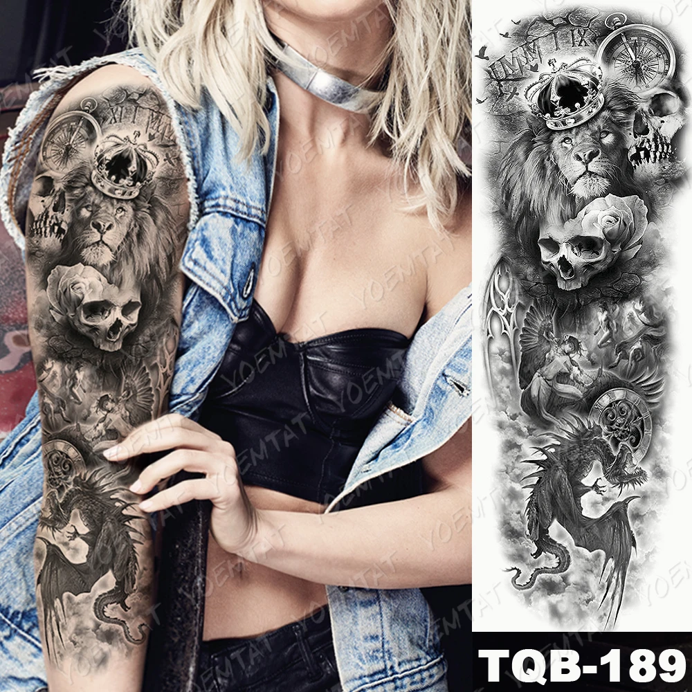 

Large Arm Sleeve Tattoo Lion Crown Wolf King Waterproof Temporary Tatto Sticker Rose Clock Warrior Body Art Full Fake Tatoo