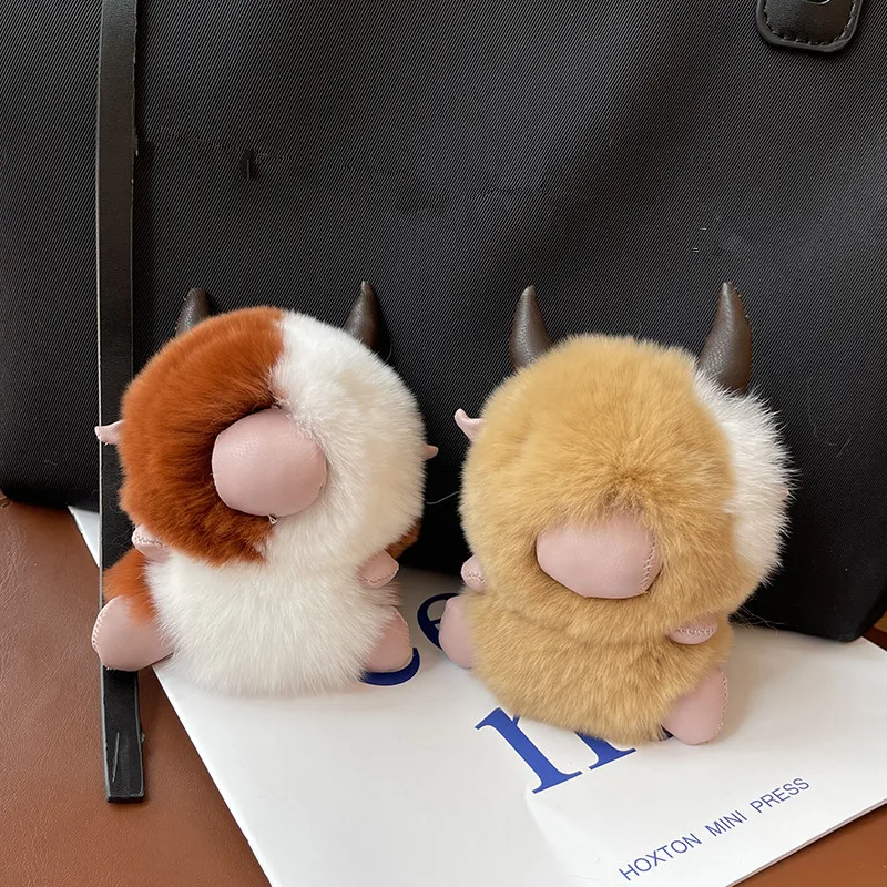 

Cow Animal Furry Real Rex Rabbit Fur Keychain Cute Colorful Leopard Fluffy Monster Women Key Ring Bag Charm