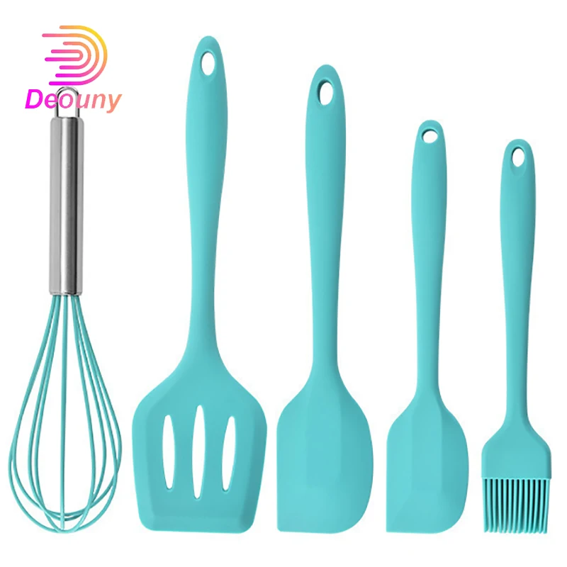 

DEOUNY 5Pcs Silicone Kitchenware Set Non-Stick Spatula Baking Tool Scraper Egg Beater Brush Strong Antibacterial Cooking Supply