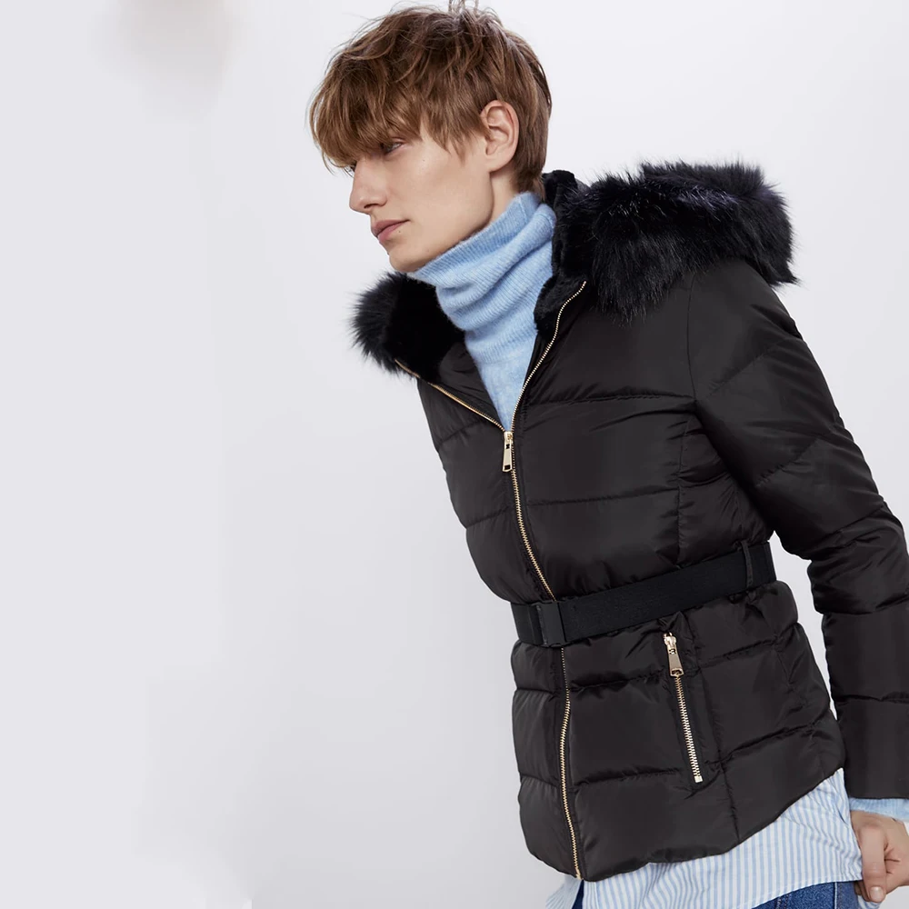 ZA Женская Двухцветная зимняя хлопковая одежда Повседневная С Капюшоном