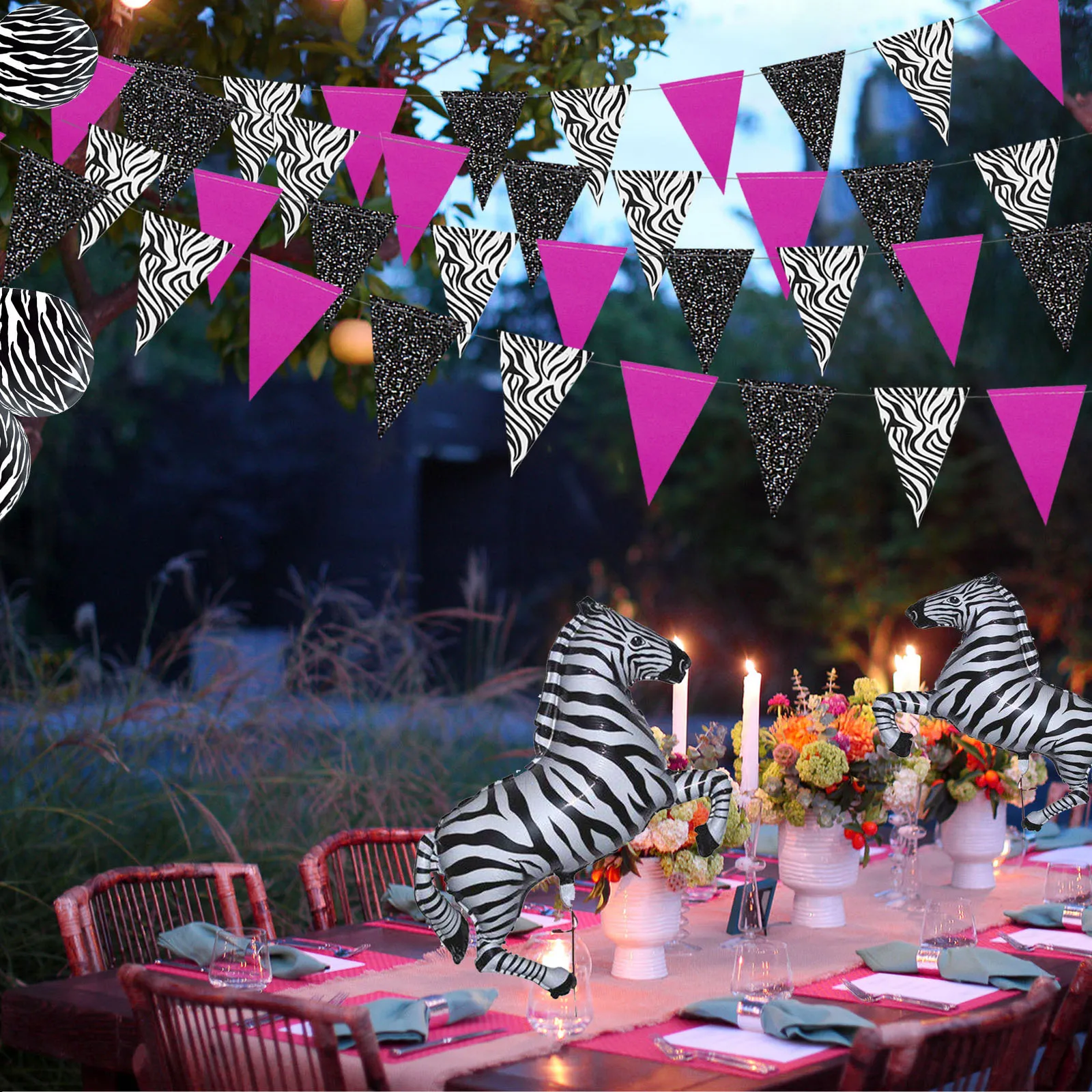 10Ft Hot Pink Glitter Black Zebra Print Paper Triangle Circle Garlands Banners Wall Decorations for Birthday Baby Shower Wedding | Дом и сад