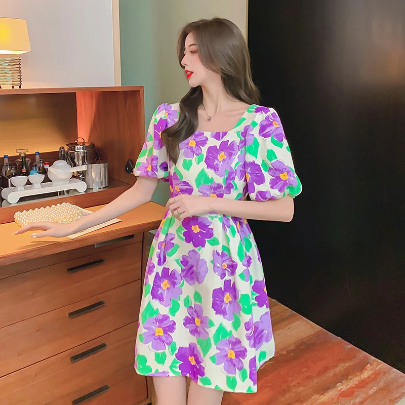 

Elegant Printed Dress 2021 Women's Floral Sundress Puff Sleeve Mini Vestidos Female Square Neck Casual Robe Dresses