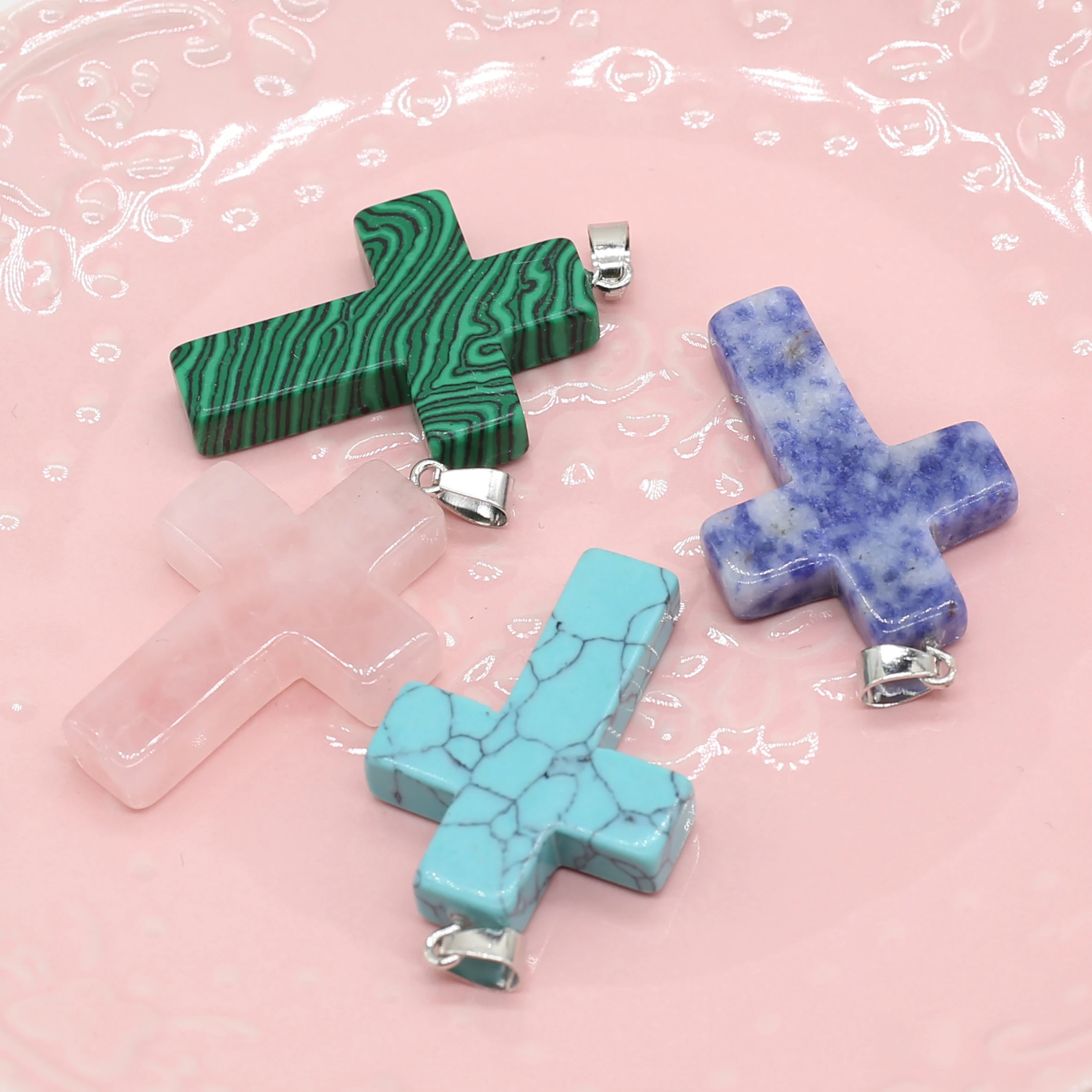 

2 Pcs / Lot Cross Pendant Natural Stone Malachite Charm for Making Jewelry Supplies Diy Necklace Accessories Wholesale