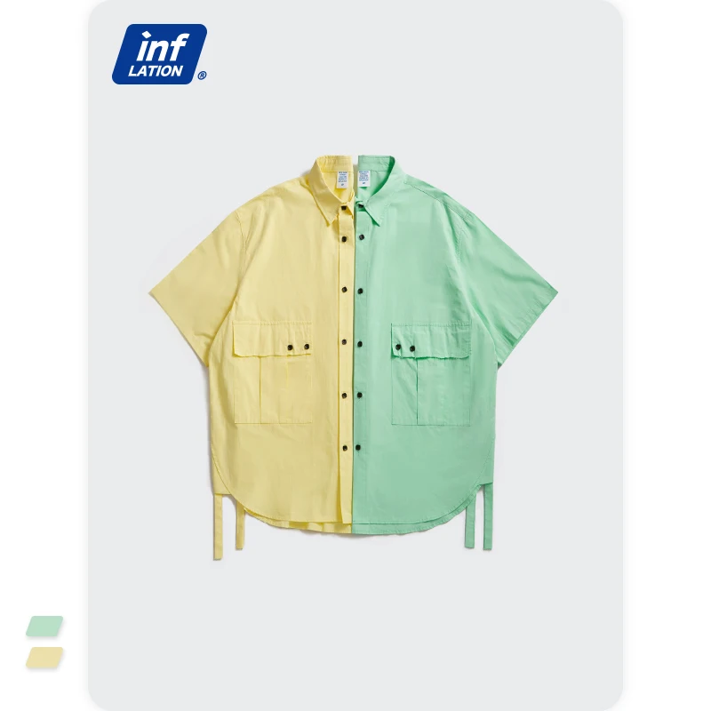 

INFALTION Harajuku Plain Shirts Men 2021 Summer New Look Casual Pockets Candy Color Button Down Shirts Unisex 2216S21