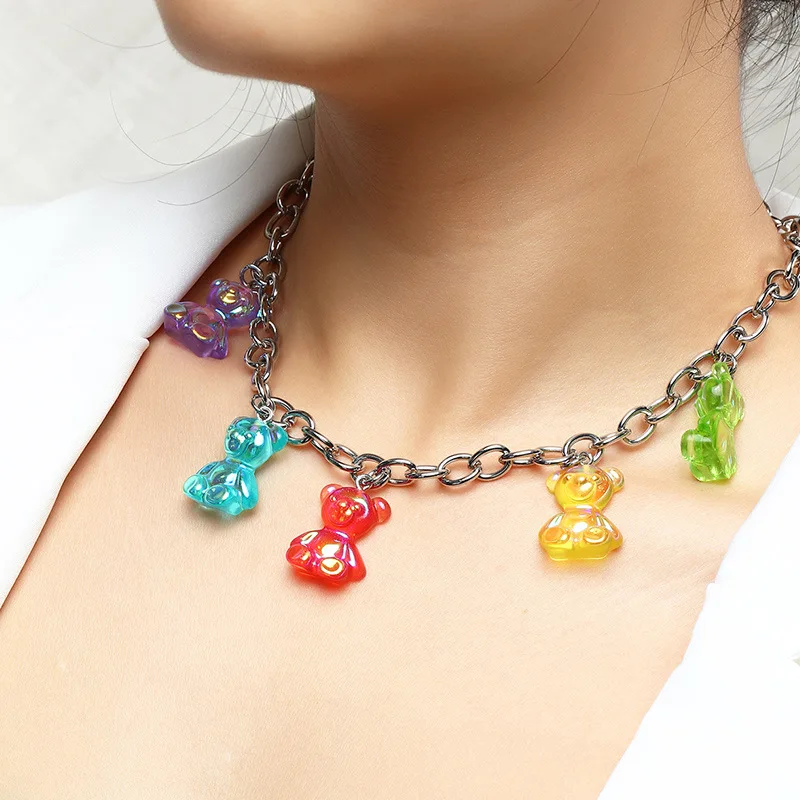 

Fashion Cute Bling New Handmade Gummy Cartoon Bear Choker Necklaces Candy Color Pendant Necklace For Women Girls Daily Collar